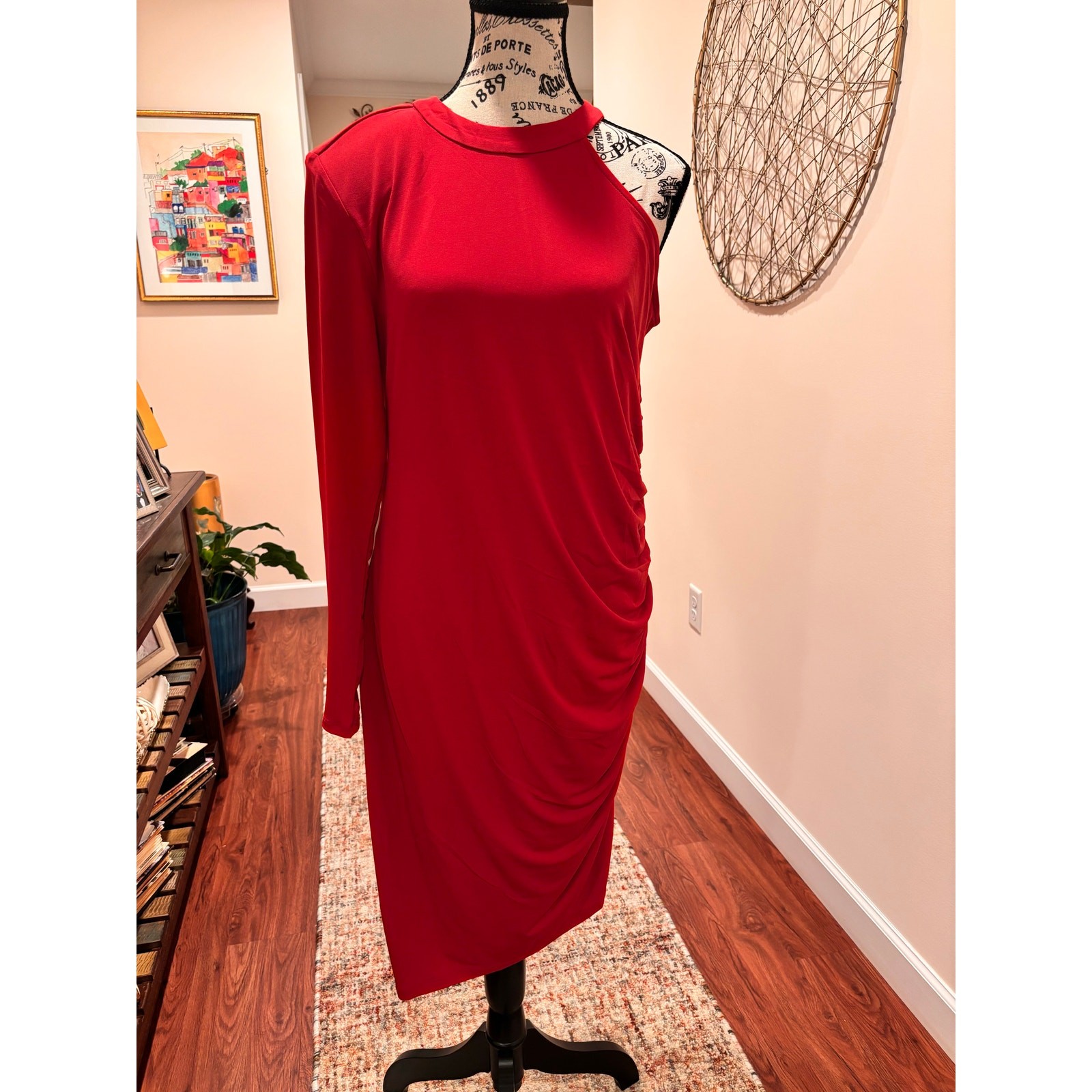 NWT Eloquii Red One Sleeve Dress with Side Ruching Midi Dress Special Occasion NWT Eloquii Red One Sleeve Dress with Side Ruching Midi Dress Special Occasion