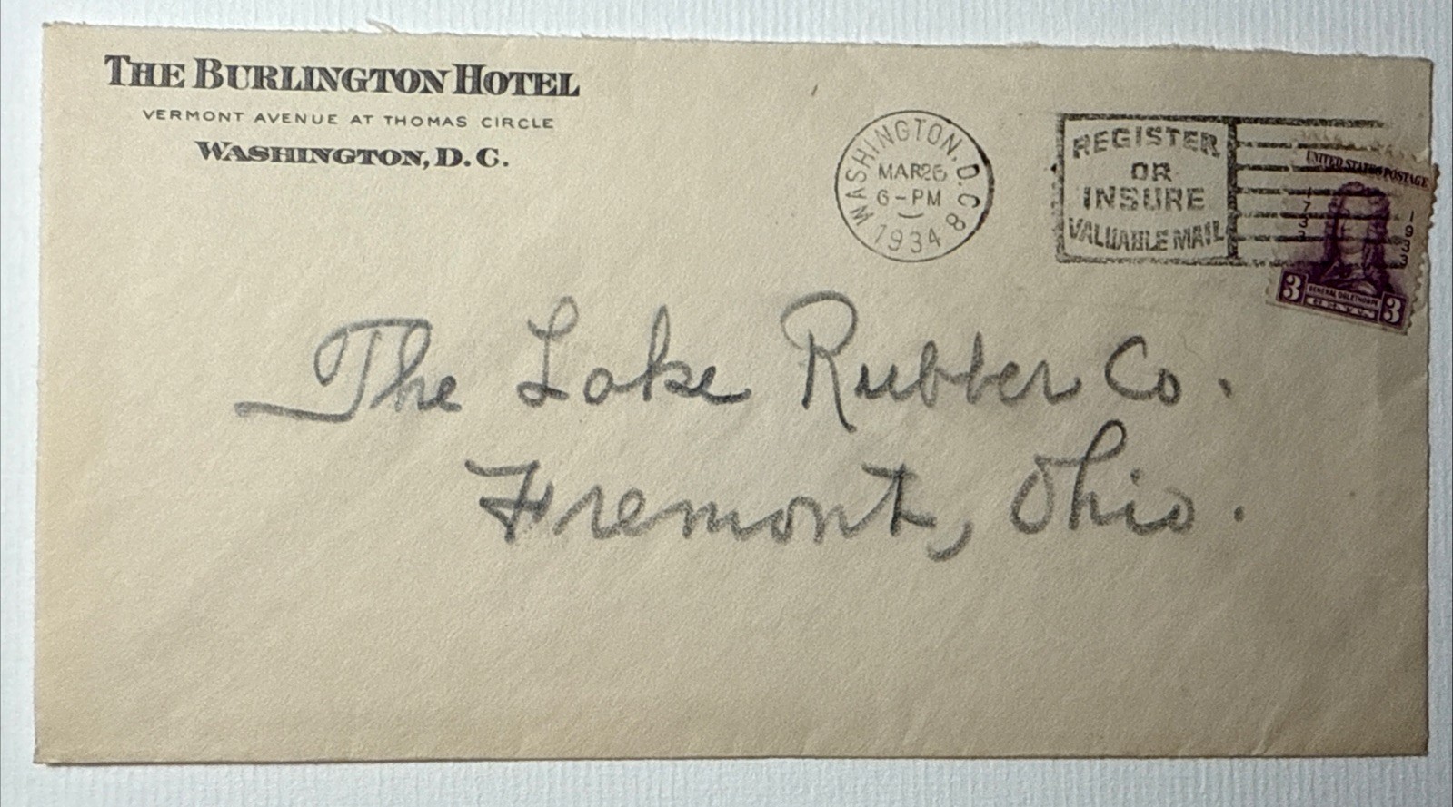 antique 1934 The Burlington HOTEL Washington DC Envelope Vtg