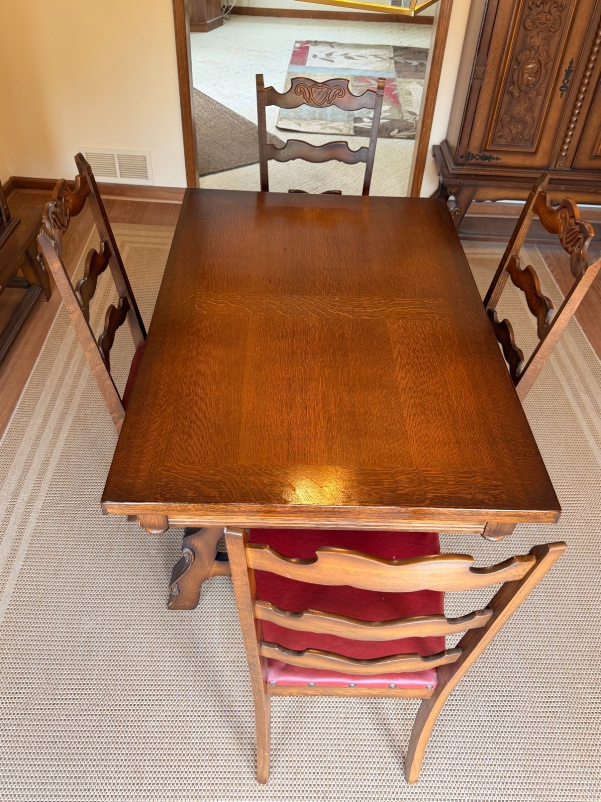 1960s German Oak Dining Table + 6 Chairs - Antique