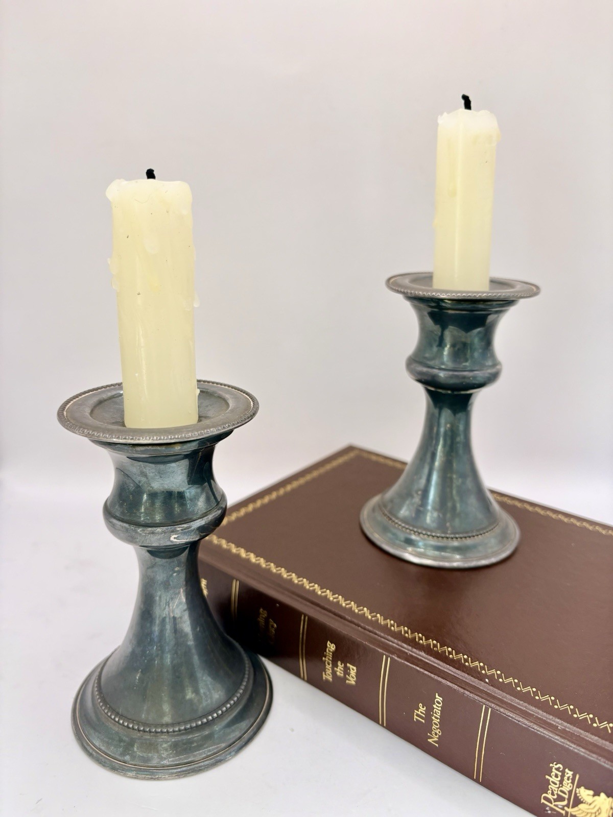 Vintage Ianthe Silver Plate On Copper Candlesticks Beaded Rim Pair Wales 10cm