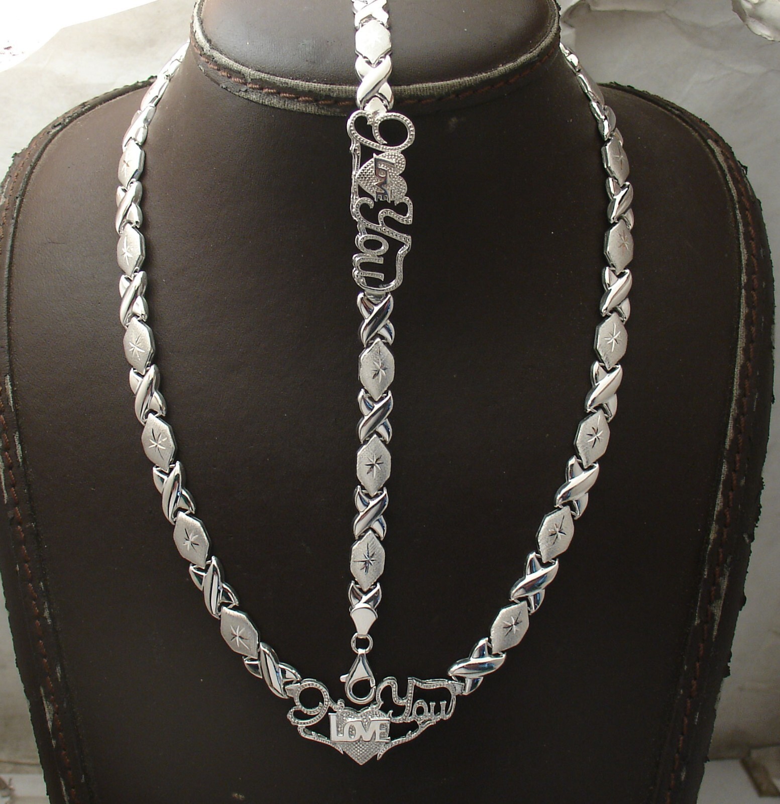 I LOVE YOU Hugs Kisses XOXO Bracelet Necklace Chain Set Real Sterling Silver