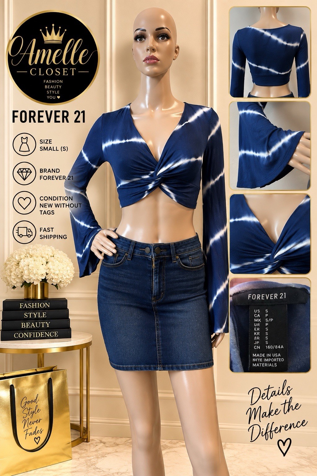 Forever 21 Womens S Blue/White Tie-Dye V-Neck Twist Bell Sleeve Cropped Blouse Forever 21 Womens S Blue/White Tie-Dye V-Neck Twist Bell Sleeve Cropped Blouse