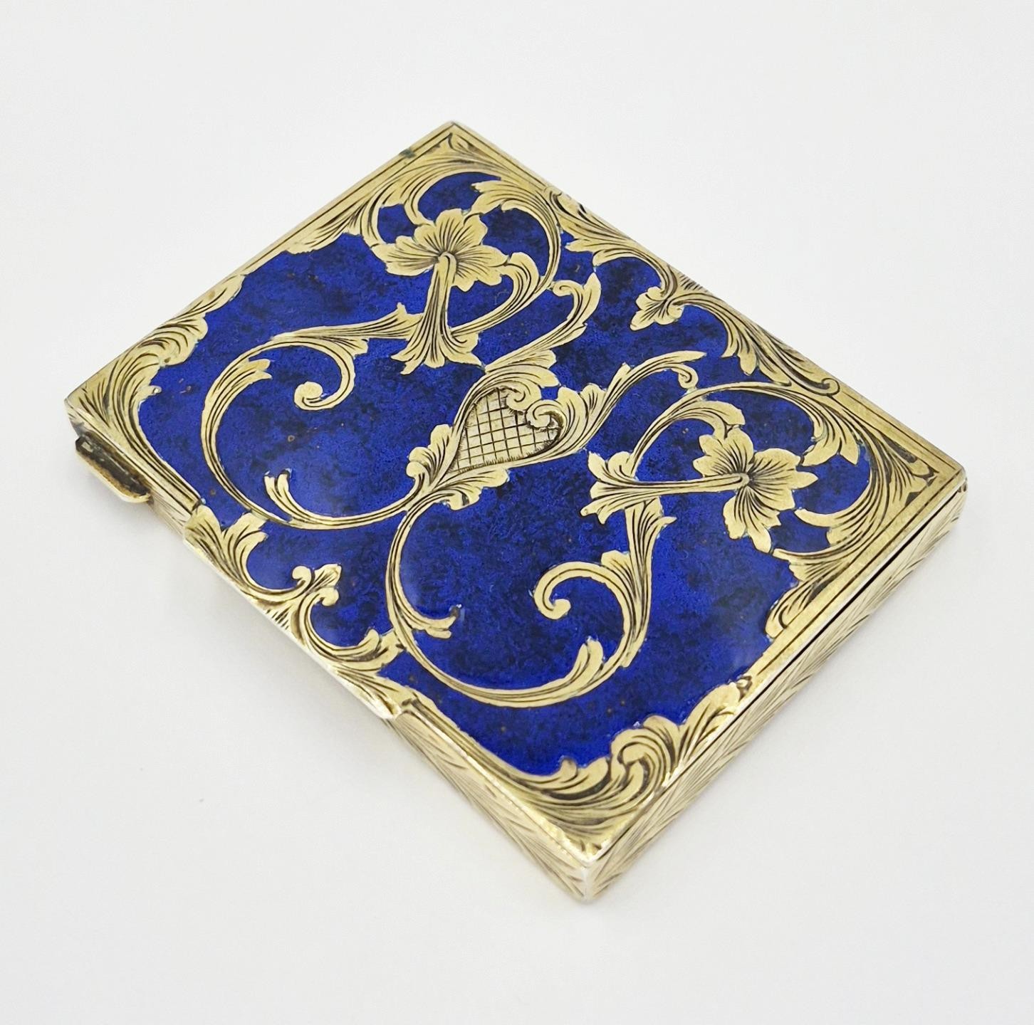 ANTIQUE ITALIAN SOLD SILVER GILT & LAPIS STYLE ENAMEL COMPACT c1930
