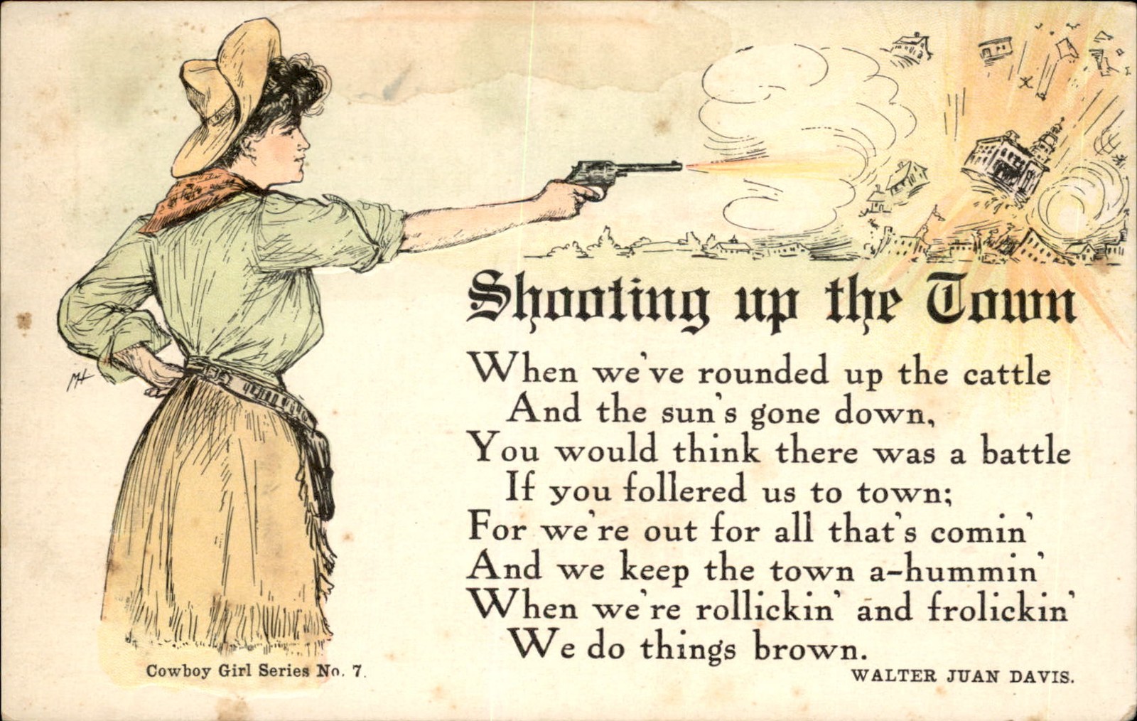 Cowgirl Shooting Up the Town Gun c1900s-10s Vintage Postcard