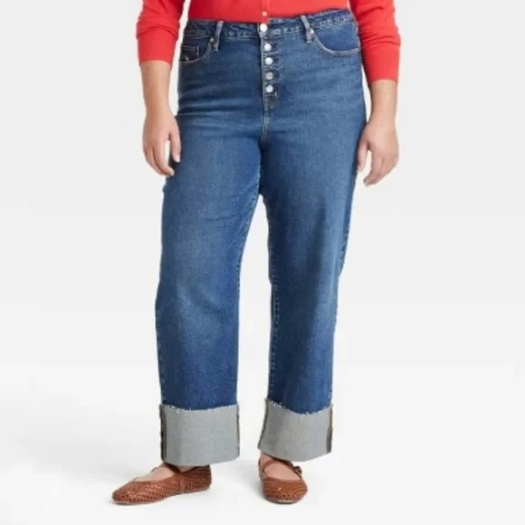NWT Ava & Viv High Rise Dark Wash Cuffed Straight Leg Jeans Size 26
