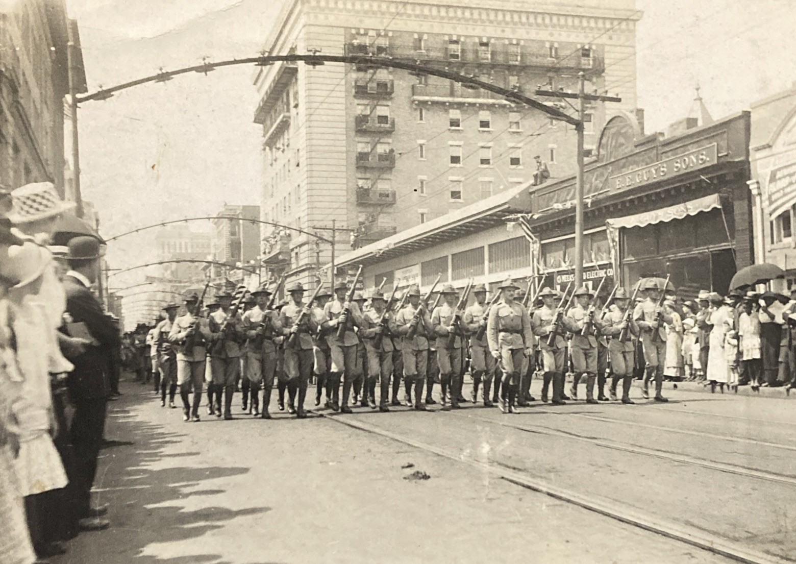 c1918 Norfolk Virginia US Marines Military Parade RPPC WW1 Era Storefronts