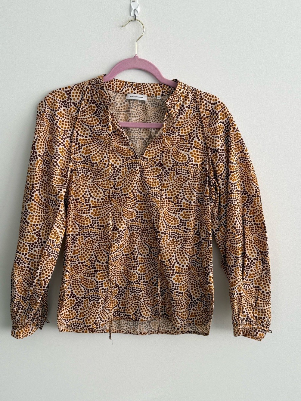 Rebecca Taylor Mustard and Brown Dot-Print V-Neck Blouse