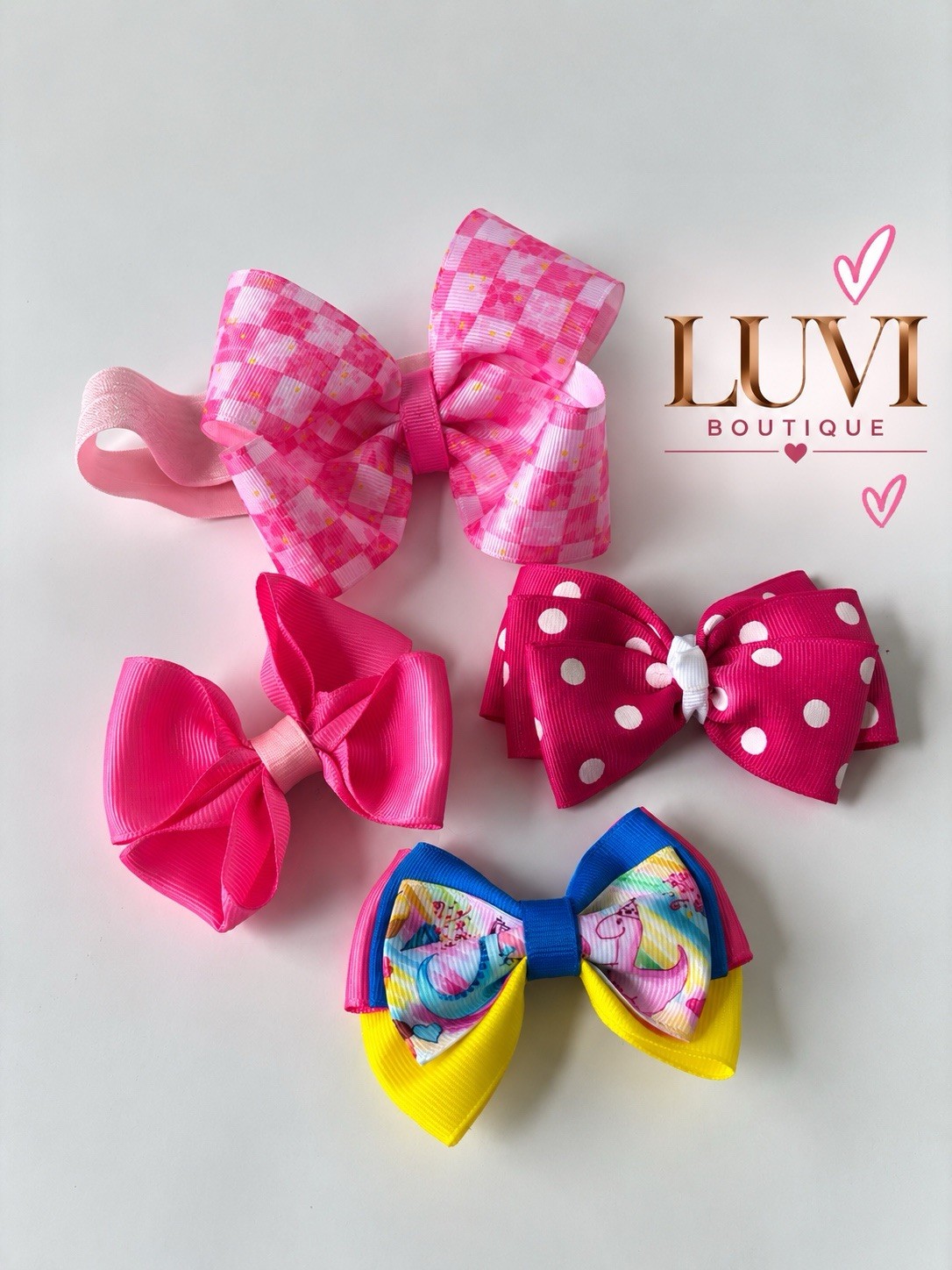 Girls Hair Bow Set 4 Piece Pink Headband 3 Hair Clips Handmade Boutique