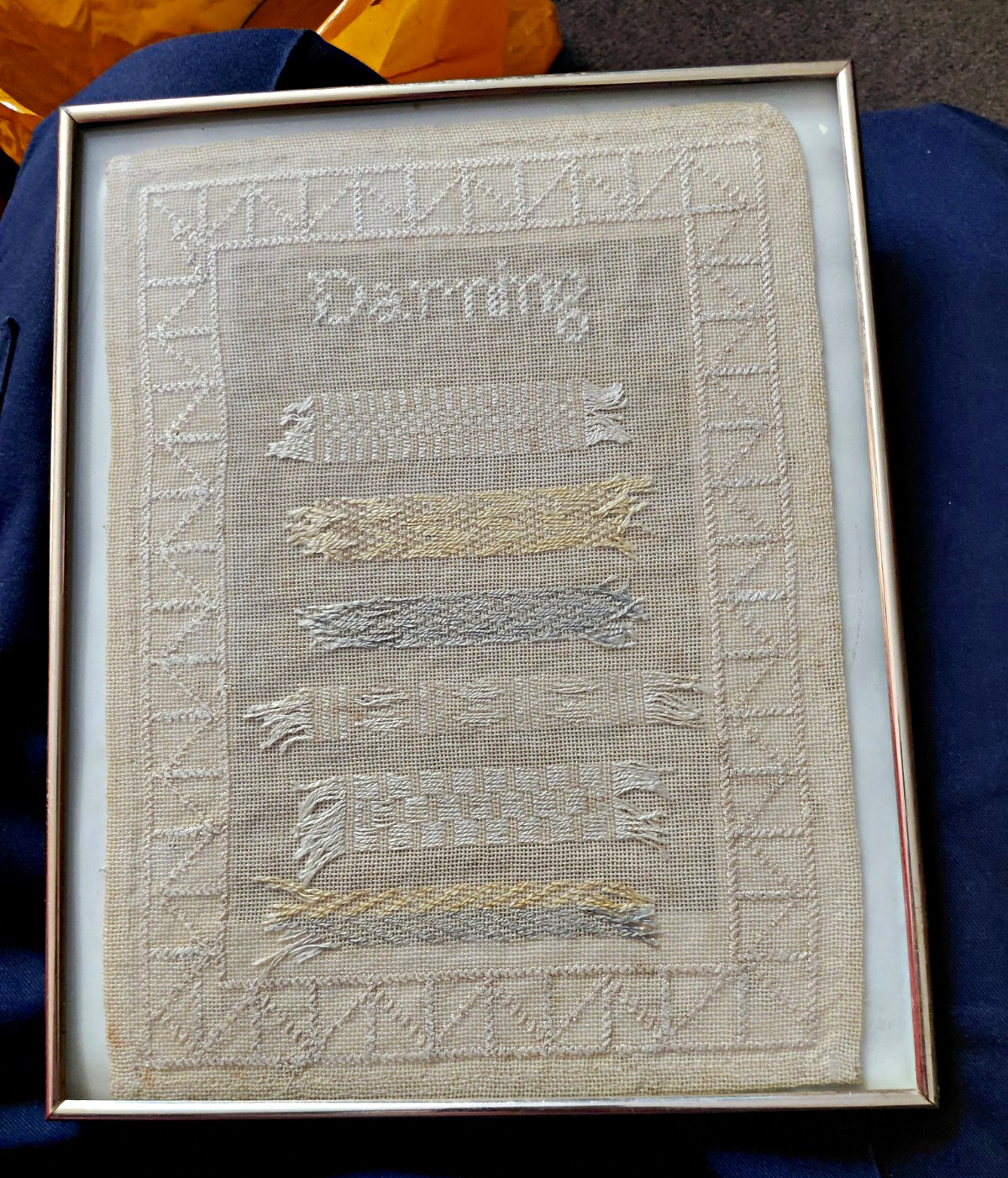 Antique 19th Century Darning Sampler Framed Needlework Mending Textile