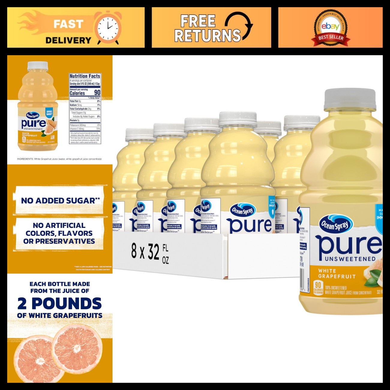 100% Pure Unsweetened White Grapefruit Juice, 32 Fl Oz Bottle, Pack of 8