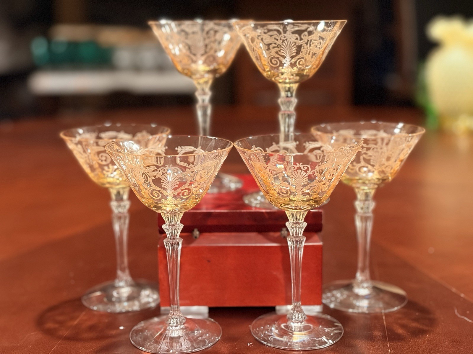 Vtg 1920-30s Fostoria Versailles Topaz Etched Glass Champagne Coupes Set of 6-5\