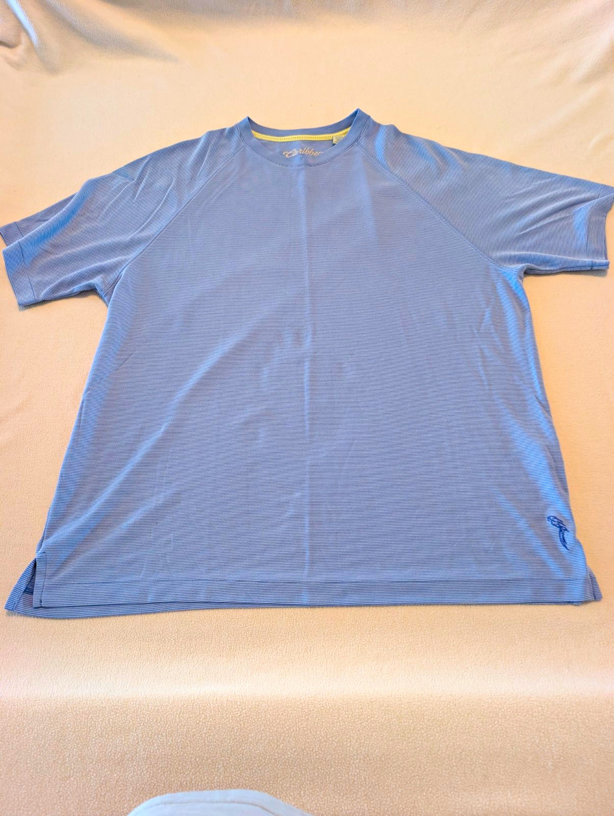Caribbean Mens Shirt Size XL Blue Striped Short Sleeve Modal Blend Embroidered Caribbean Mens Shirt Size XL Blue Striped Short Sleeve Modal Blend Embroidered