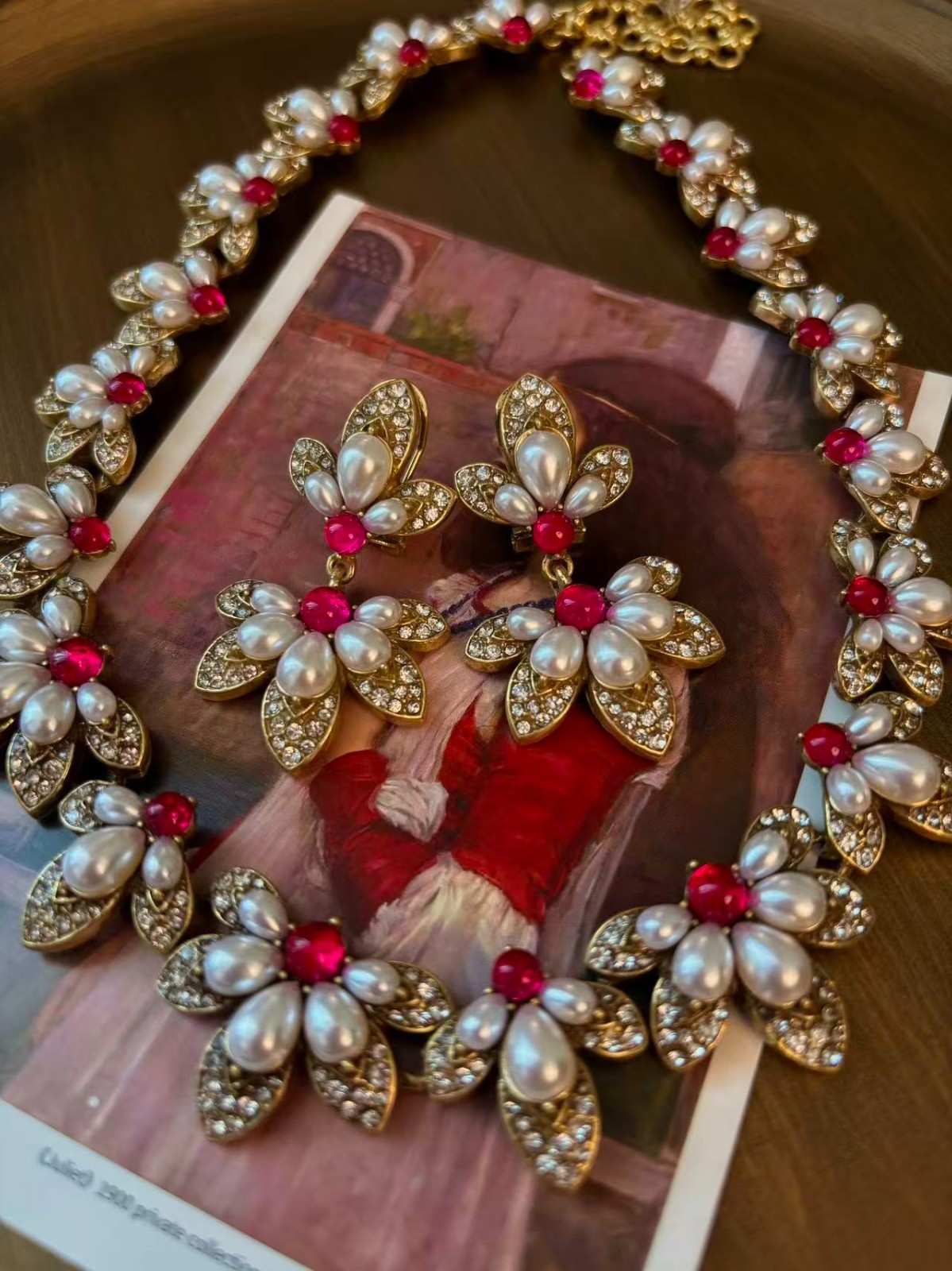 Vintage Pearl Flower Jewelry Set Red Crystal Statement Necklace Earrings Gold