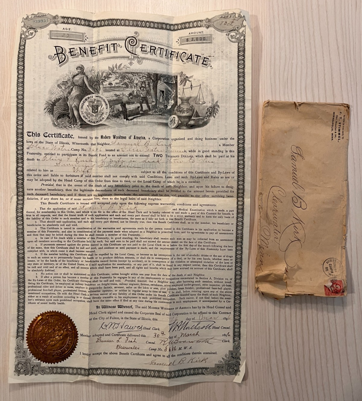 Vintage 1896 Antique Death Benefit Certificate Insurance Clearwater MN Camp RARE Vintage 1896 Antique Death Benefit Certificate Insurance Clearwater MN Camp RARE