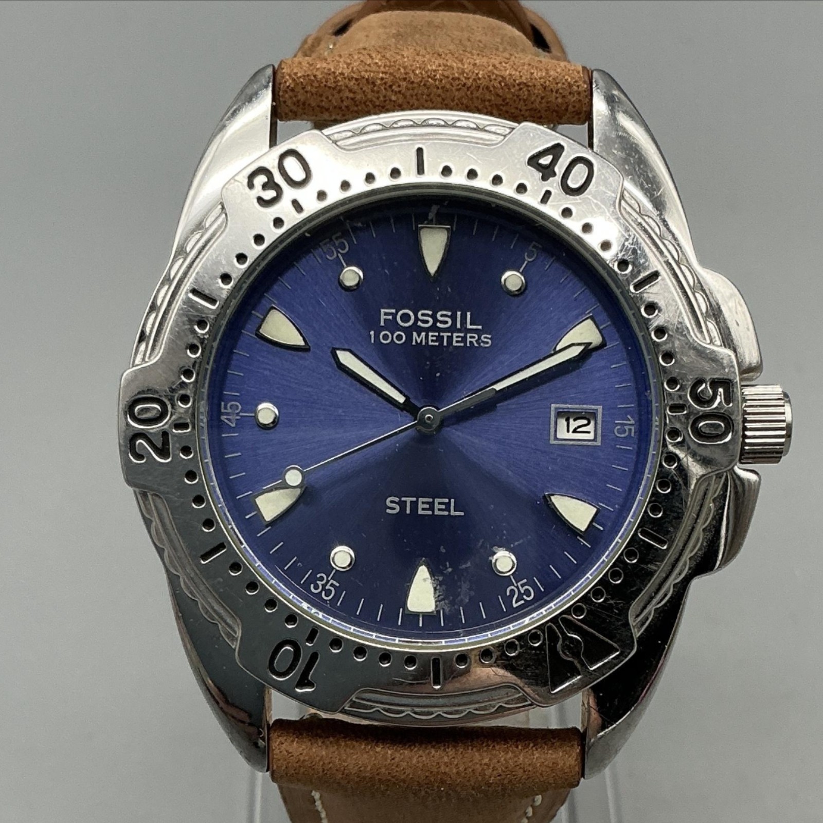 Fossil Steel FS-2524 Mens Watch 38mm Blue Dial Brown Leather Diver New Battery