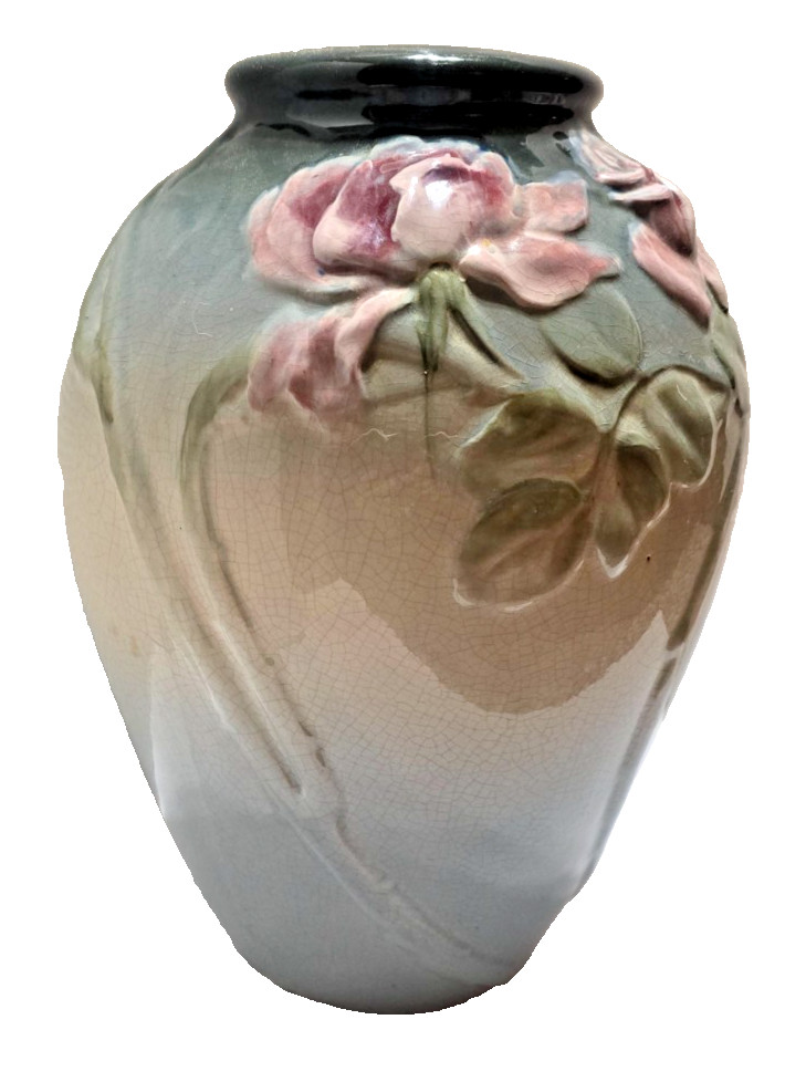 VINGTAGE WELLER ETNA ART POTTERY VASE IN BLUE PINK ROSE FROM 1906 13'' TALL VINGTAGE WELLER ETNA ART POTTERY VASE IN BLUE PINK ROSE FROM 1906 13'' TALL
