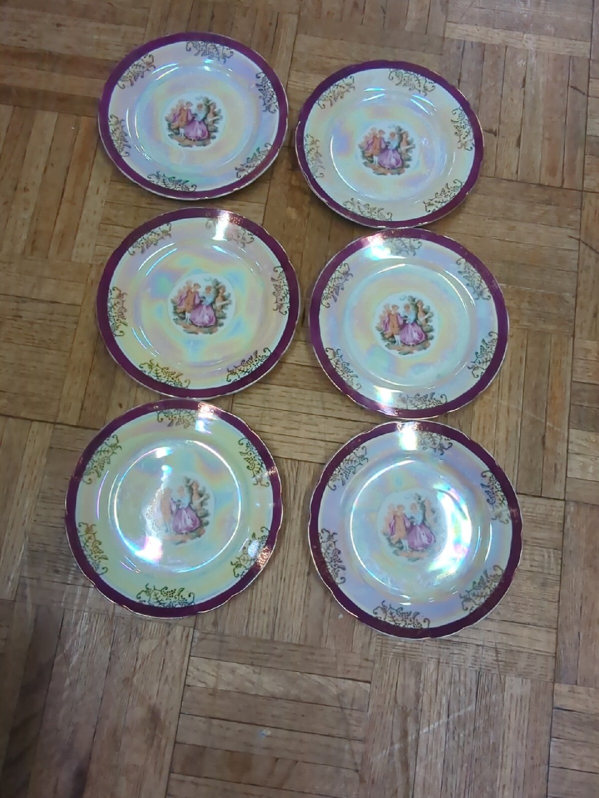 Vintage French Luster Salon Scene Style Plate Plates Gilded Gold Set 6 Vintage French Luster Salon Scene Style Plate Plates Gilded Gold Set 6