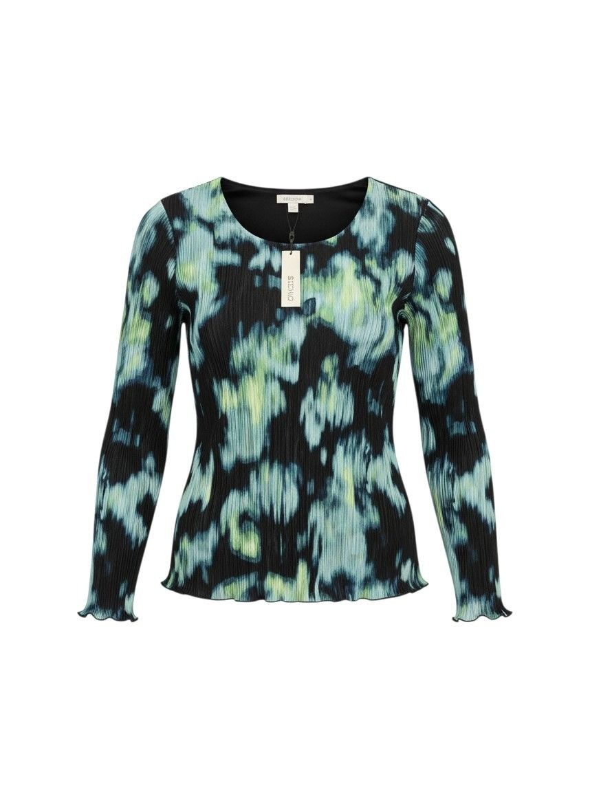 Chico\'s Long-Sleeve Pleated Top Black & Blue Green Abstract Print Size 0 NWT Chico\'s Long-Sleeve Pleated Top Black & Blue Green Abstract Print Size 0 NWT