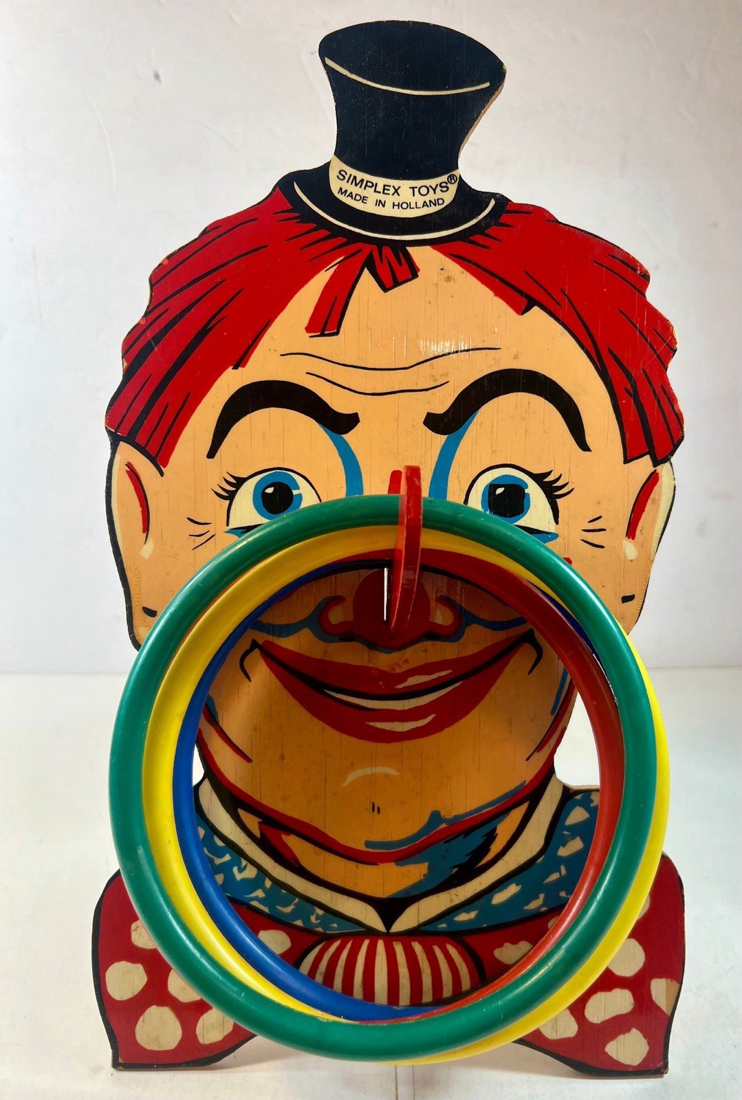 Vintage Simplex Toys Holland Wooden Clown Ring Toss Game w/ 5 Rings & Stand