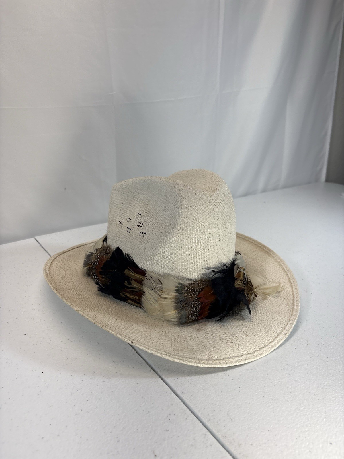 Vintage Bailey U-Rollit Straw Cowboy Hat Western Feather Band Flanigan\'s