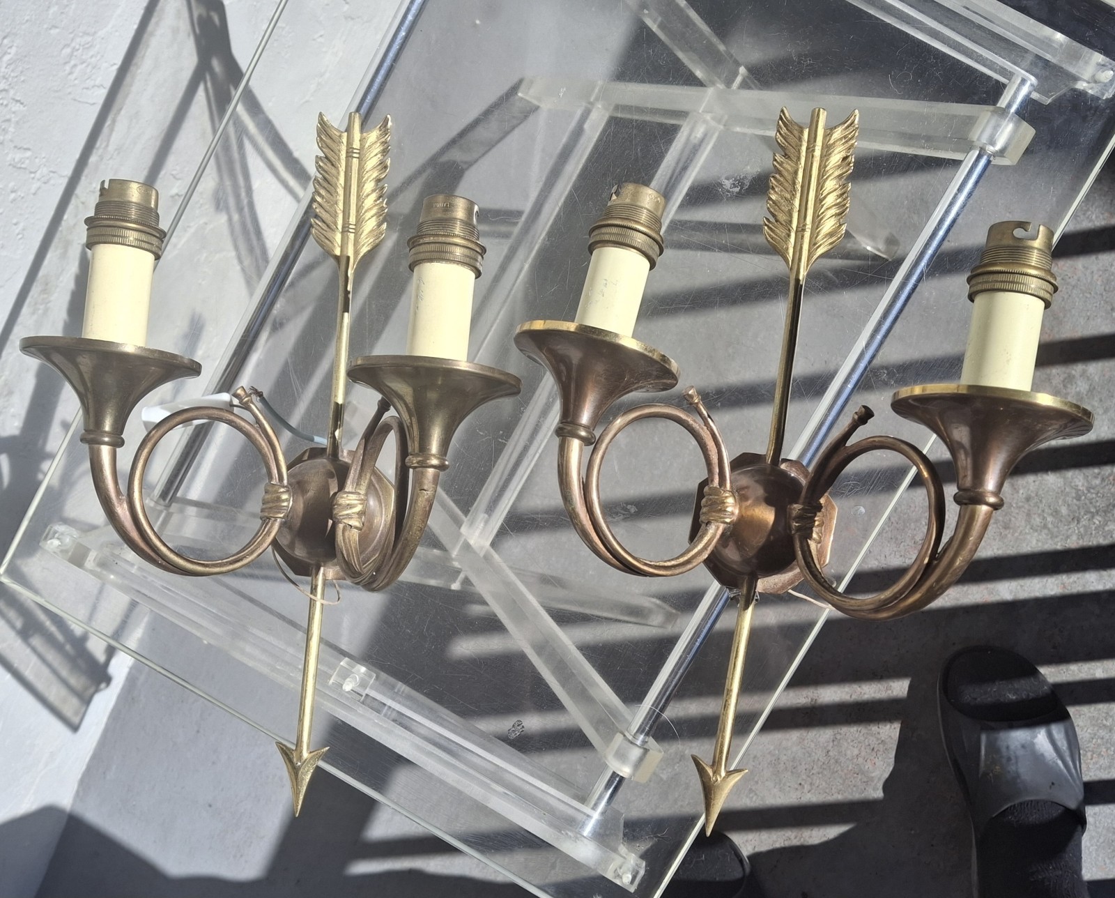 Pair 19thc French Empire Neoclassic Gold Bronze Horn & Arrow Detail Wall Sconces Pair 19thc French Empire Neoclassic Gold Bronze Horn & Arrow Detail Wall Sconces