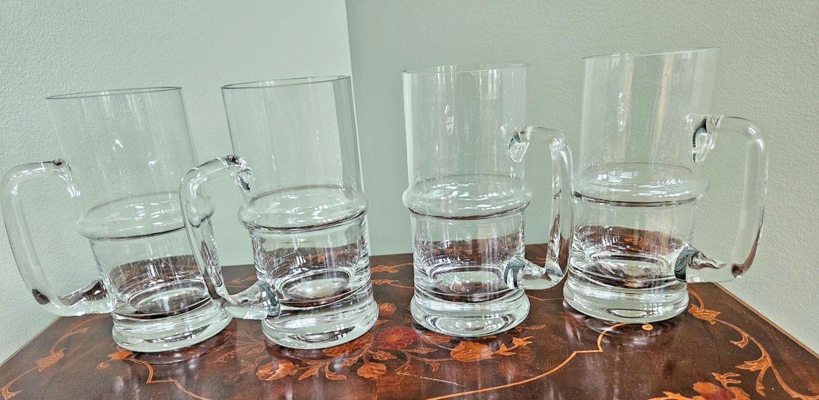 Vintage 1970s Hand Blown Glass Beer Mugs Set of 4 with Handles MCM Barware