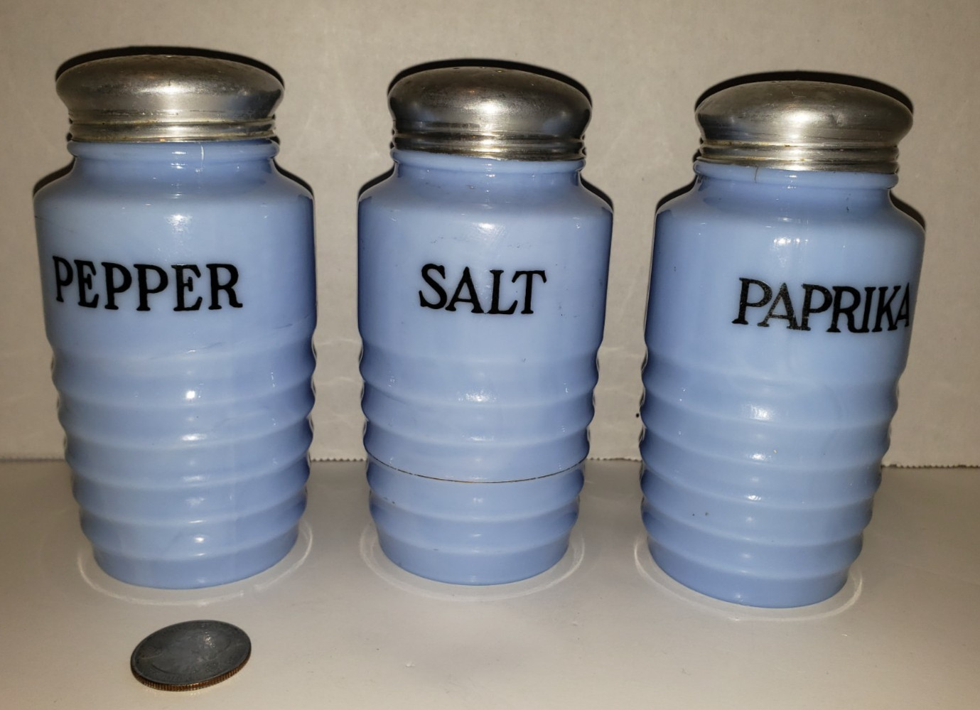 Vtg Jeannette Delphite Blue Glass Salt, Pepper & Paprika Shakers, Ribbed Beehive