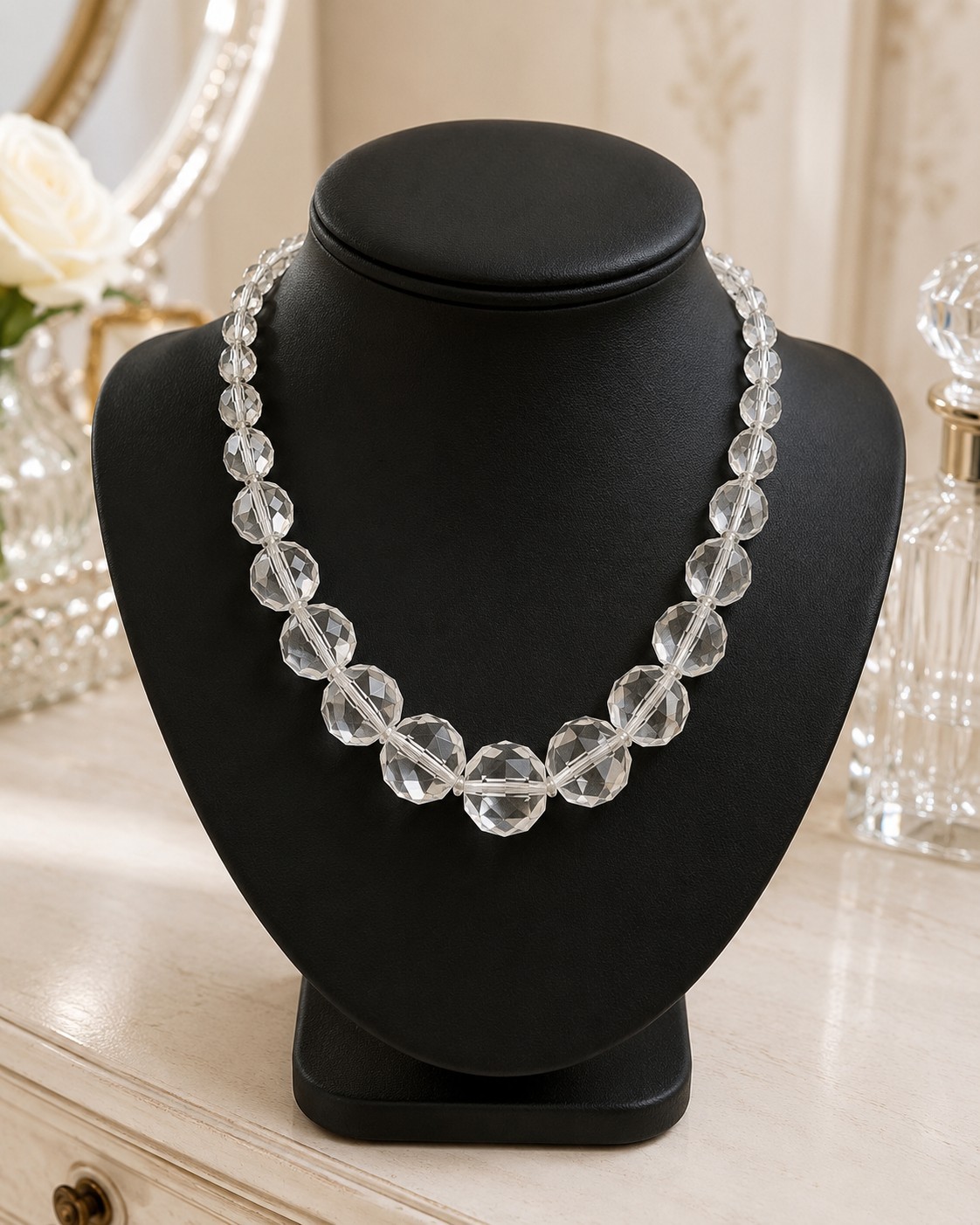 Vtg Art Deco Flapper Style Clear Faceted Graduated Glass Bead Necklace 18\