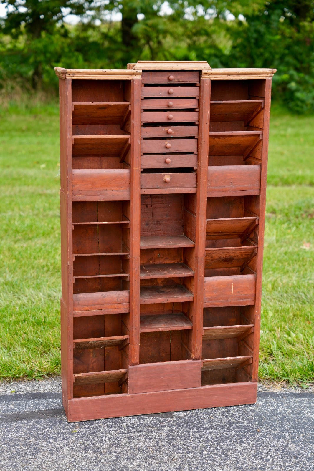 Antique Apothecary Cabinet Schoolhouse Wood Cubby Drawer Slot Whisky Crate Vtg
