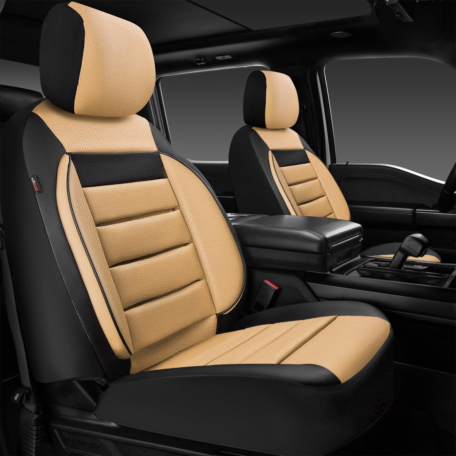 CAR PASS Faux Leather Car Seat Covers Universal Fit, Black and Beige Front