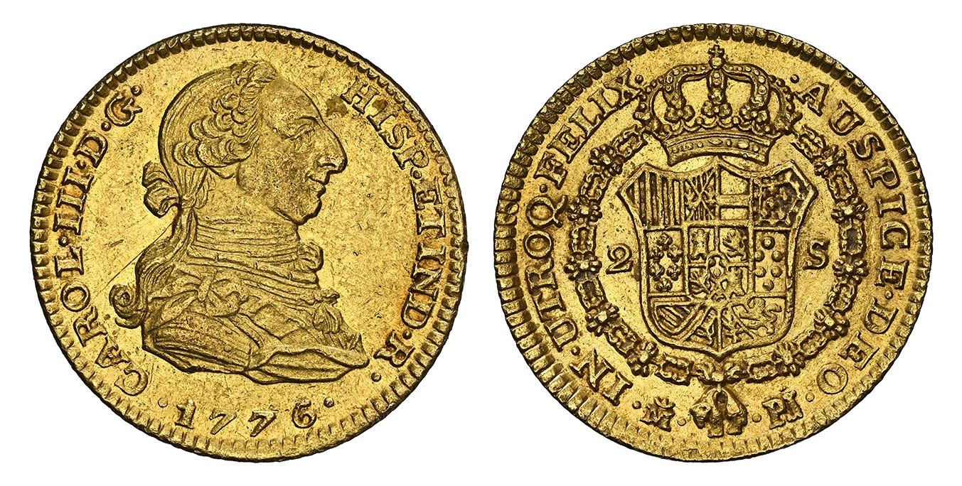 SPAIN. Charles III 1776/5-(Crowned-M) PJ AV 2 Escudos. NGC AU58. Madrid