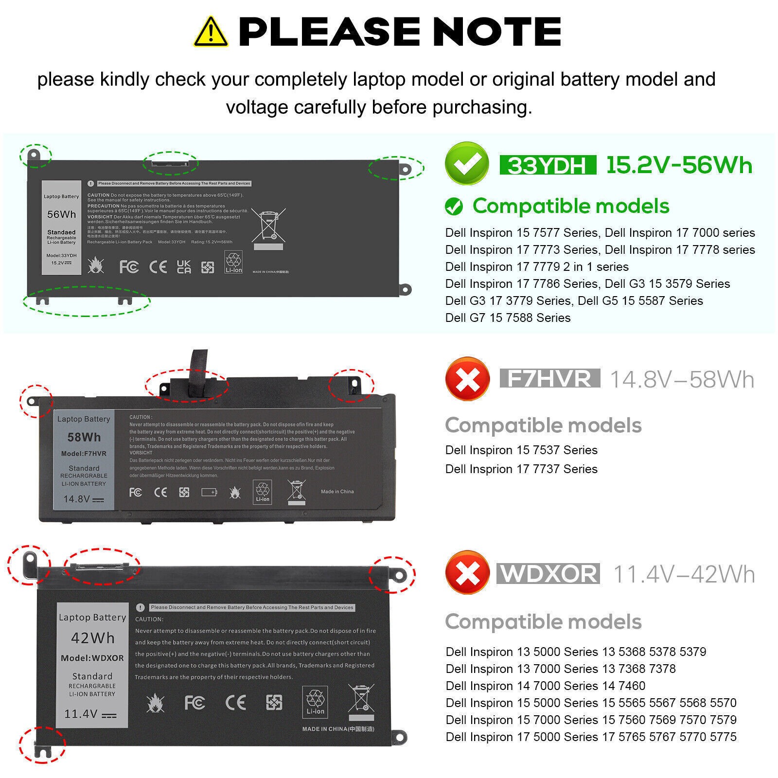 ✅LOT 33YDH Battery For Dell Latitude 3380 3480 3490 3580 3590 Inspiron 7577 7586