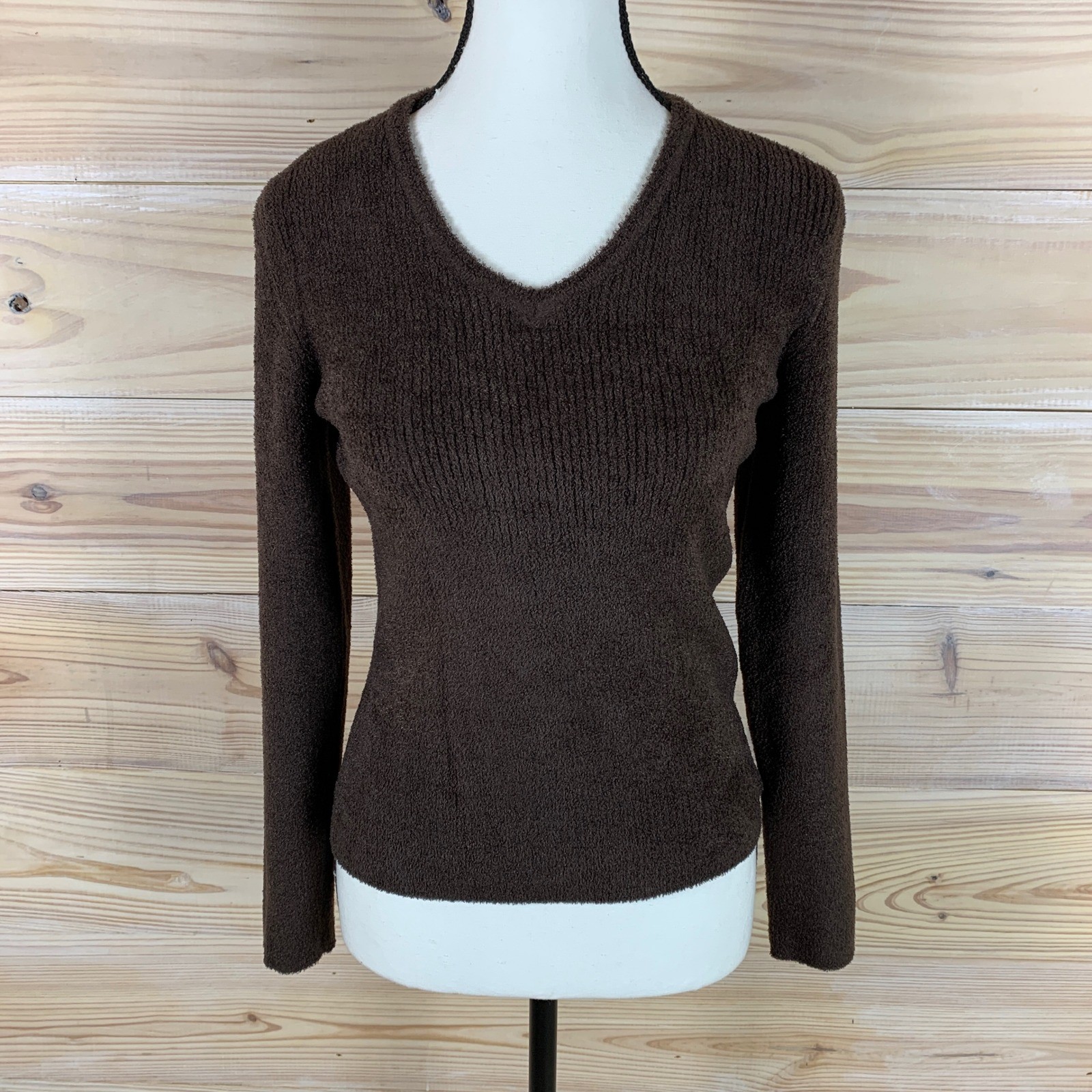 Talbots Sweater Women PS Brown V-Neck Textured Chenille Long Sleeve NWT Petites