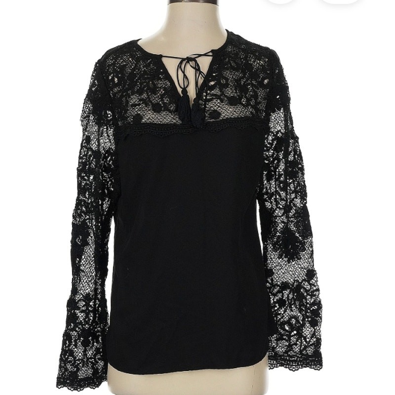 Adiva Black Floral Embroidered Long Sleeve Sheer Lace Yokes Blouse, Sz XL Adiva Black Floral Embroidered Long Sleeve Sheer Lace Yokes Blouse, Sz XL