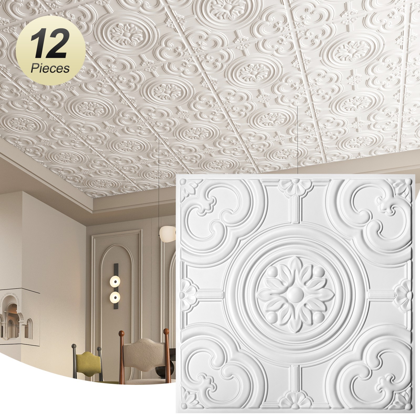 Art3d 12PCS PVC Drop Ceiling Tiles, 24in x24in 3D Wall Panels, 48 Sq.ft, Antique