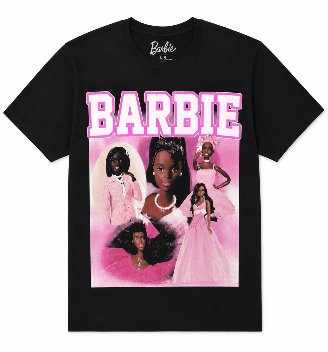 Barbie Montage Black T-Shirt Retro Doll Graphic Tee Y2K Pop Culture NEW
