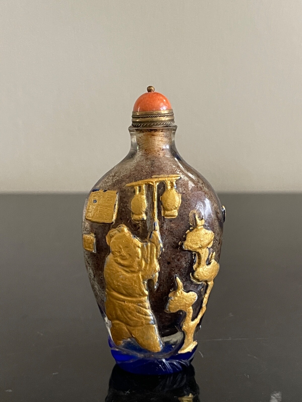 Vintage Peking Glass Bottle with Gilt Gold Relief Decoration