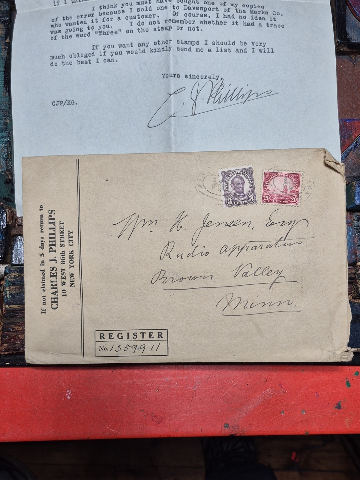 1927 Charles J Phillips Letter & Cover to William H Jensen Browns Valley MN 1927 Charles J Phillips Letter & Cover to William H Jensen Browns Valley MN