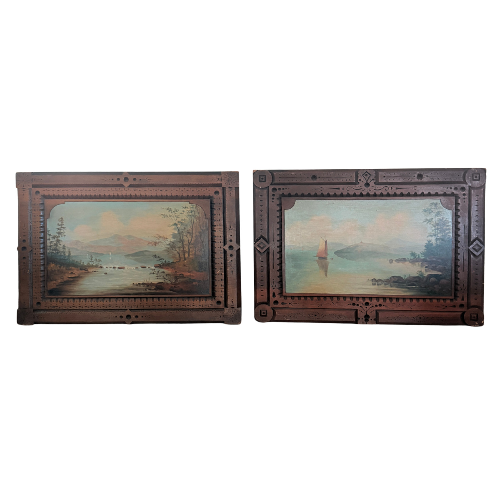 Pair 19thC Adirondack Landscape Paintings Oil Panel Signed W F Lovejoy Walnut