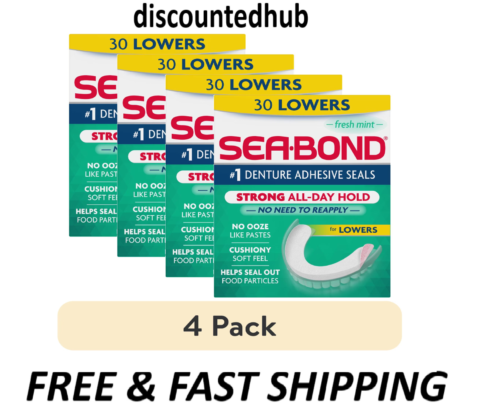 Sea Bond Denture Adhesive Seals Lowers Fresh Mint Zinc Free 30 Ct 4 Pack