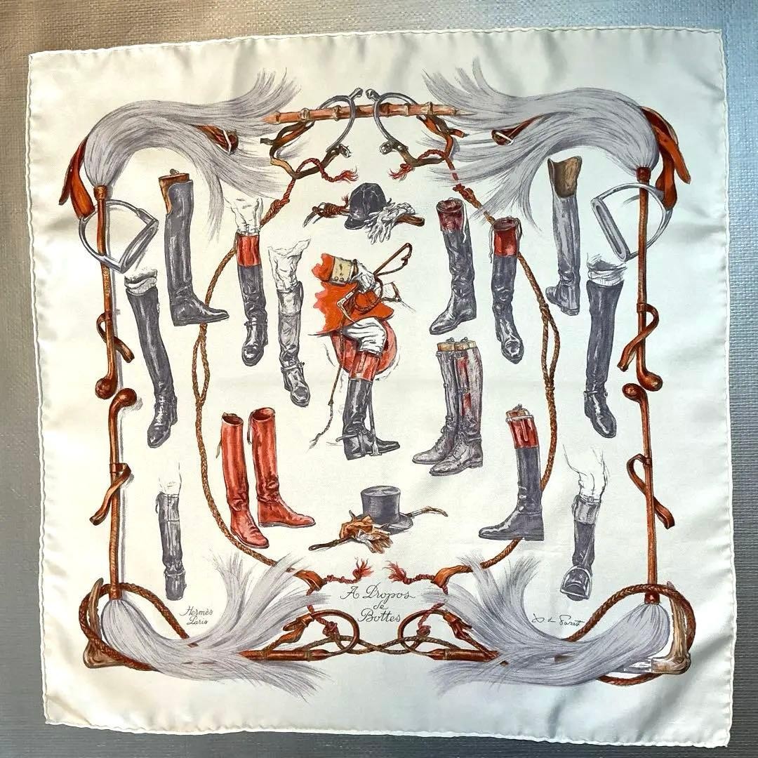 Hermes Silk Mini Scarf 40 A Propos de Bottes White Gavroche Excellent