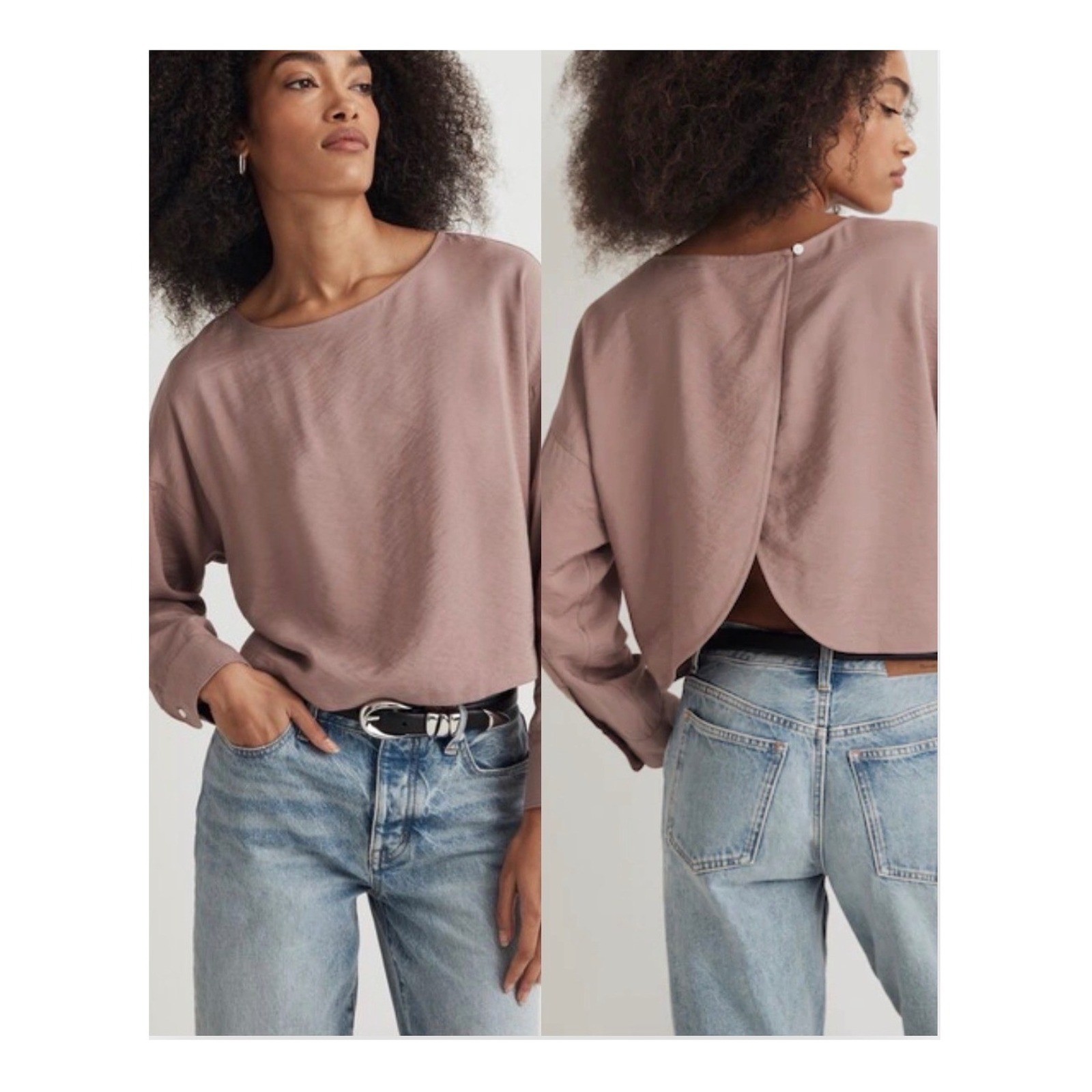 NWT Madewell Relaxed Tulip-Back Top Mauve Textured Long Sleeve Cropped Sz Medium