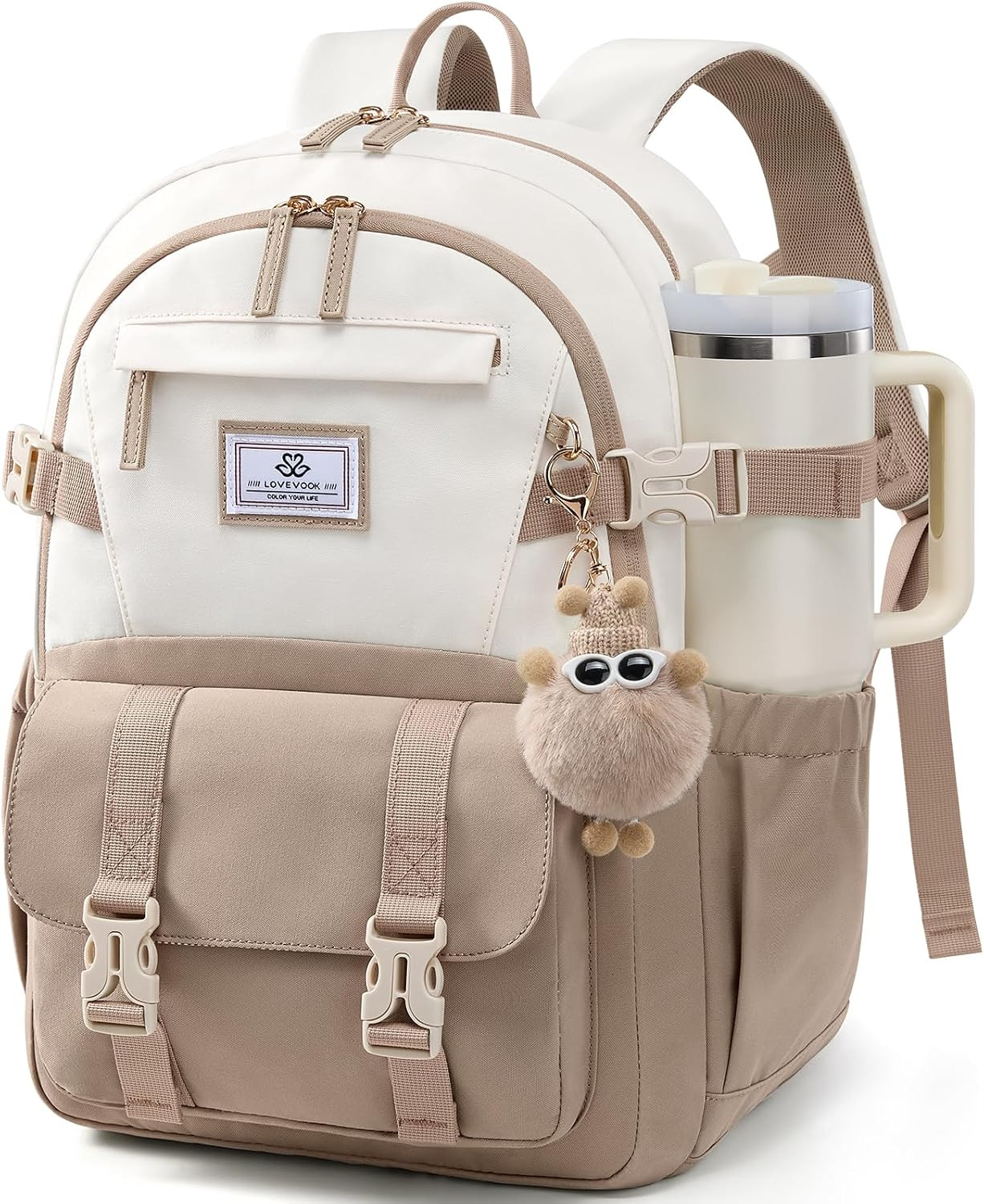 Teen Girls School Backpack 15.6 Inch Laptop Bookbag Khaki Beige 34L Travel Bag