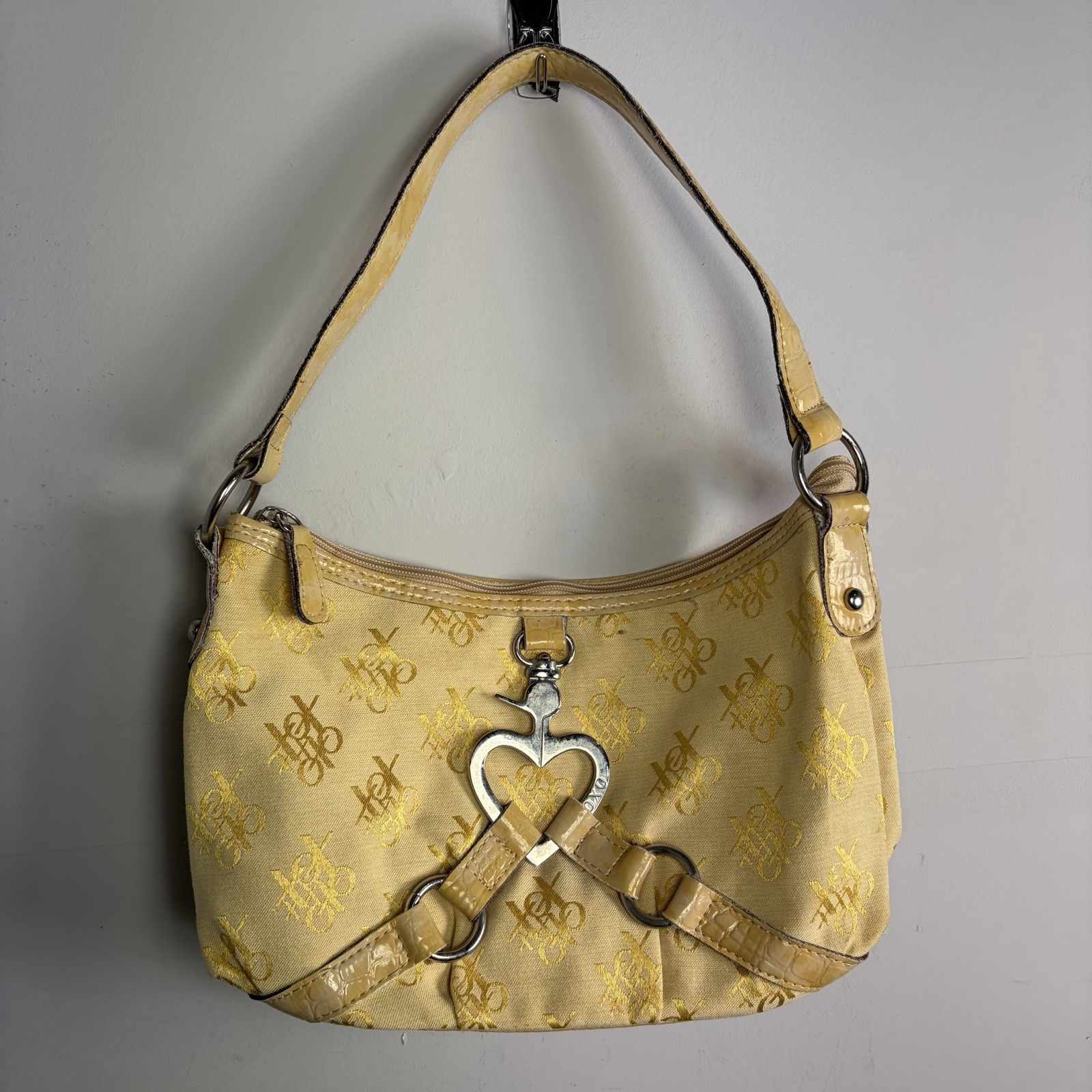 Vintage XOXO Y2K Monogram Shoulder Bag Yellow Canvas Heart Clasp McBling Purse