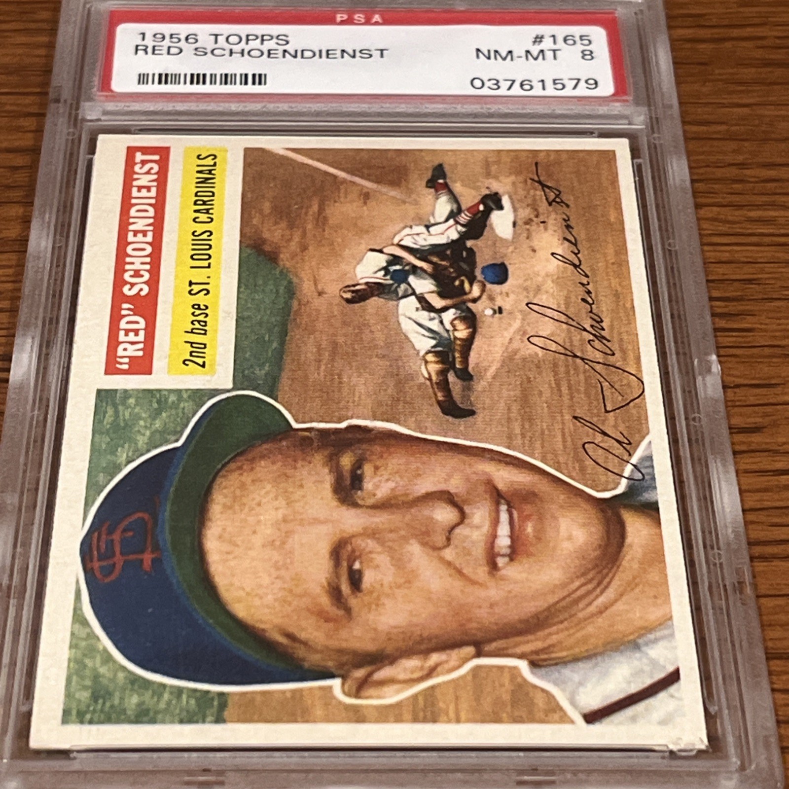 1956 TOPPS #165 RED SCHOENDIENST HOF GRAY BACK PSA 8