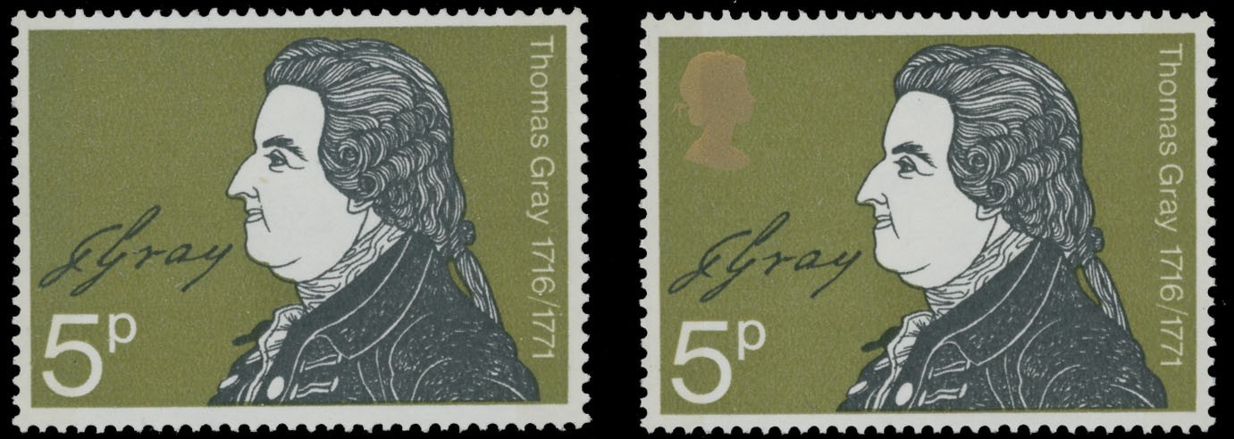 1971, GREAT BRITAIN THOMAS GRAY QUEEN HEAD - GOLD COLOR OMITTED, NH, SG#885a
