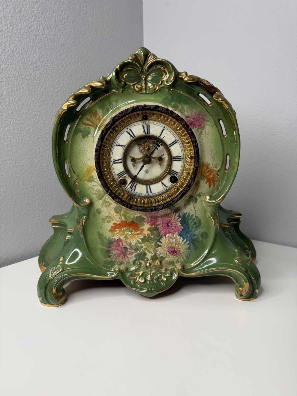 1800’s  Ansonia  Royal Bon Germany Ceramic Hand Painted ￼ Gold Accents   Clock