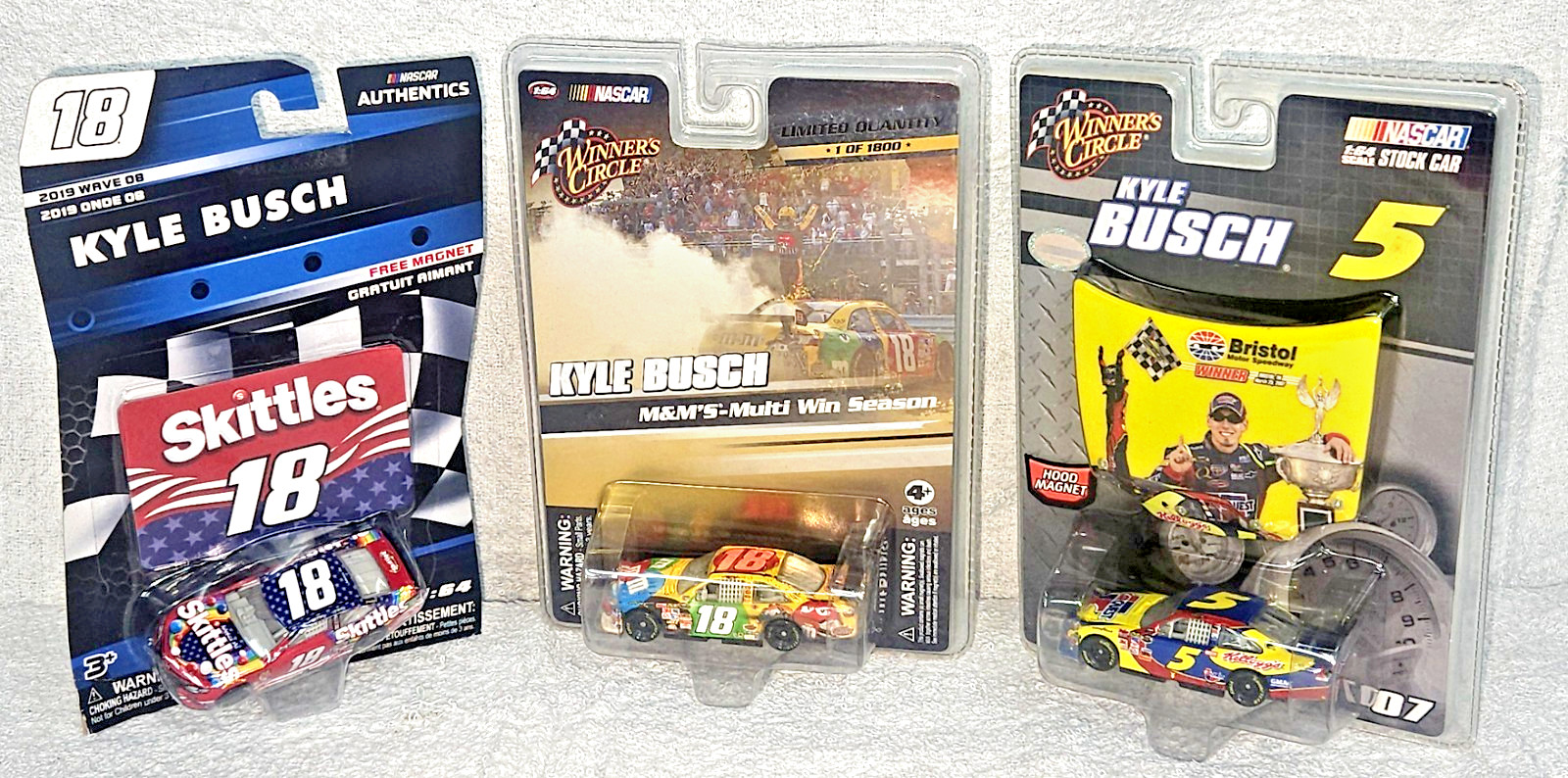 NOS Kyle Busch Diecast 2019 1/64 Skittles 08 M&M Car 07 Kellogs Bristol Win RARE NOS Kyle Busch Diecast 2019 1/64 Skittles 08 M&M Car 07 Kellogs Bristol Win RARE
