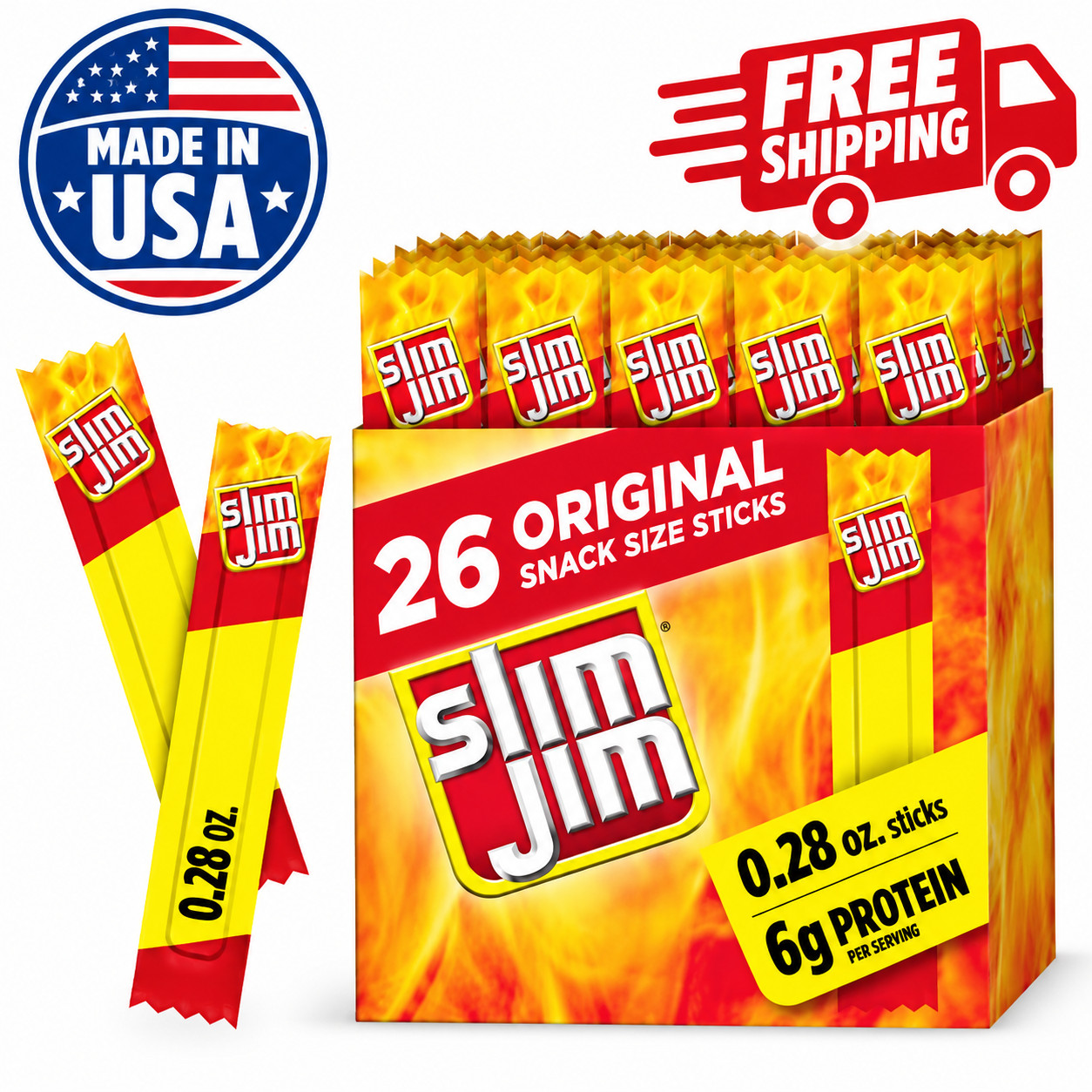 Slim Jim Smoked Meat Sticks, Original Flavor, 6g Protein Per Serving, Snack Size