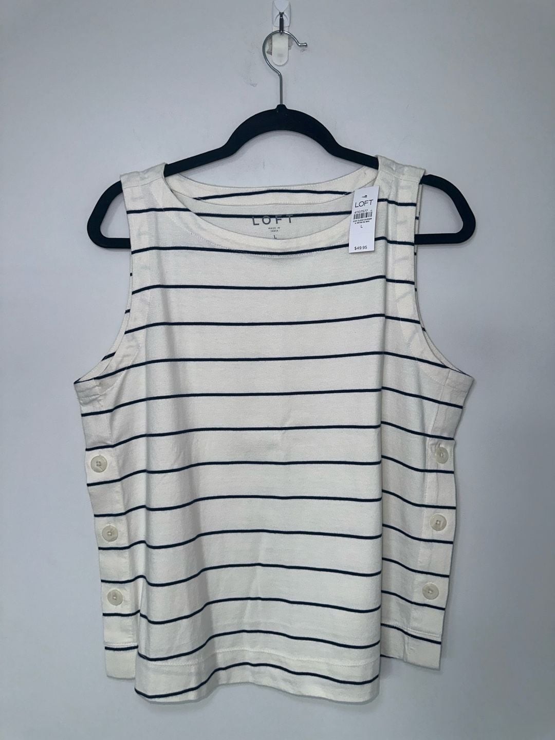 NWT 100% Cotton Loft Striped Tank Top Size L White Blue Side Button Sleeveless